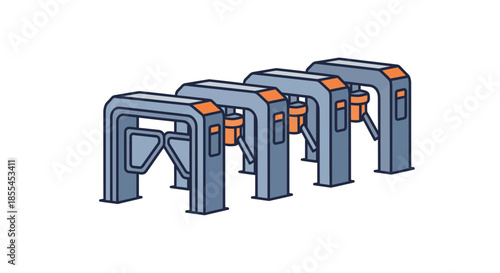 Four turnstiles in a row ready for people to pass through and enter.