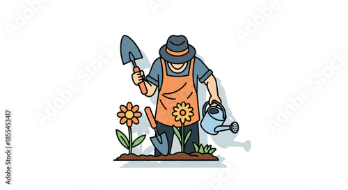 Gardener tending to flowers with tools wearing hat and apron working outdoors in garden.
