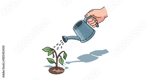 Hand watering a dying plant with a blue watering can saving it.