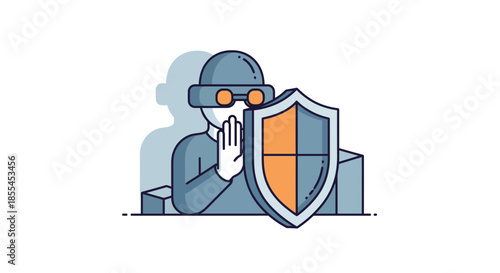 Illustration of a person wearing a mask and holding a shield for protection.