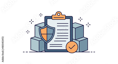 Insurance policy document with shield and checkmark symbolizing protection and approval.