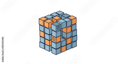 Isometric cube illustration featuring a complex arrangement of colorful blocks.