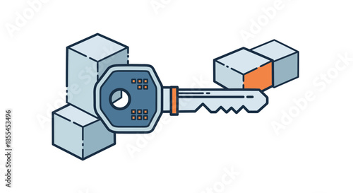 Key and cubes illustration representing security and access control concept.