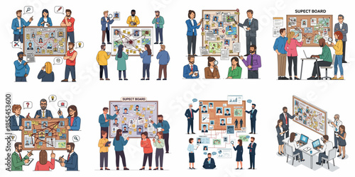 Collection of investigation teams solving mysteries and analyzing complex evidence on corkboards, featuring detectives, analysts, and suspect profiles.