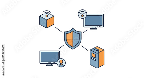 Network security concept with shield protecting devices from cyber threats and attacks.