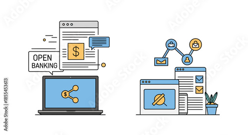 Open banking concept with laptop and network connections for financial transactions.