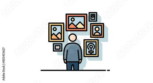 Person contemplating art in a gallery surrounded by framed pictures appreciating the collection.