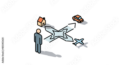 Person contemplating life choices considering home car and travel options.