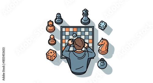 Person Focused on Chessboard with Chess Pieces and Dice.