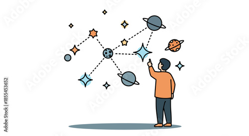 Person interacting with a cosmic network of planets and stars exploring the universe.