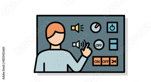 Person interacting with control panel adjusting audio and power settings digital interface.