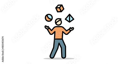 Person juggling geometric shapes representing various concepts and ideas.