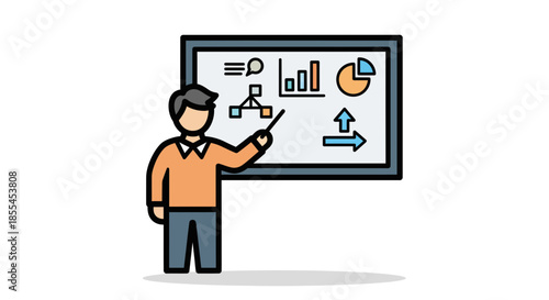Teacher presenting data analysis on a whiteboard with diagrams and charts.