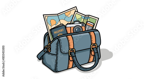 Travel bag overflowing with maps camera and travel essentials ready for adventure and exploration.