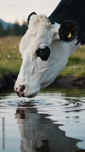 A cow drinks water in a natural stream