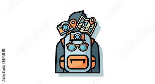 Travelers backpack with camera map and sunglasses ready for adventure.