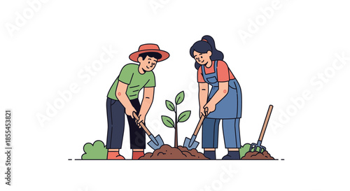 Two individuals planting a tree together promoting environmental conservation and community involvement.