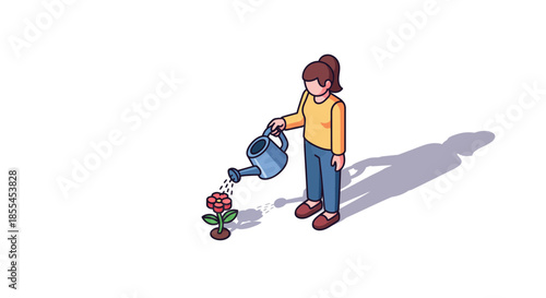Woman carefully waters a vibrant red flower with a watering can nurturing growth.