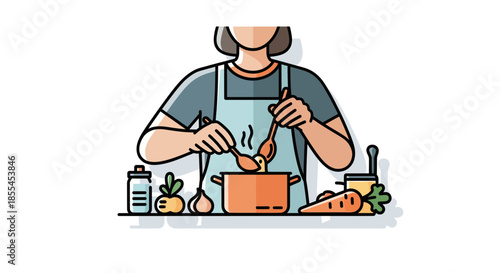 Woman cooking in kitchen stirring food in pot with wooden spoons preparing meal.