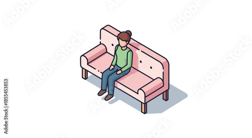 Woman sitting on a pink sofa relaxed and comfortable enjoying leisure time.