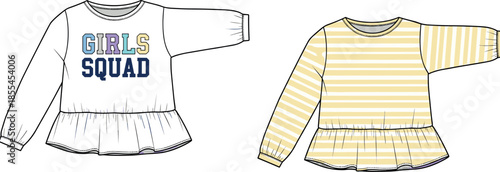 Kids' Long Sleeve Peplum Top Fashion Technical Flat Drawing, Girls' Graphic and Stripe Tee Shirt Apparel Template with Shirred Hem, Garment Vector Illustration for Design and Mockup.