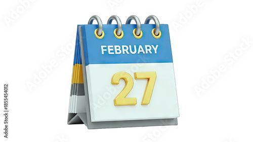 3D Calendar Showing February 27 on transparent background