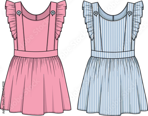 Kids' Pinafore Dress with Ruffle Sleeves Fashion Flat Sketch - Cute Girls' Overall Skirt Technical Drawing Vector Template for Apparel Design