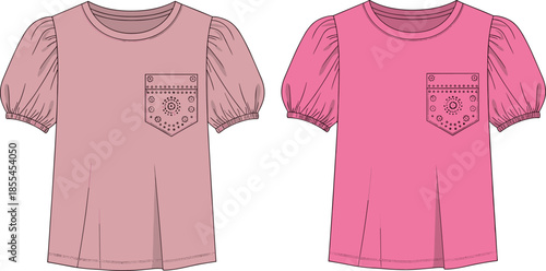 Kids' Short Puff Sleeve T-Shirt Fashion Technical Flat Drawing, Girls' Knit Top Apparel Template with Decorative Patch Pocket and Round Neckline, Garment Vector Illustration for Mockup.