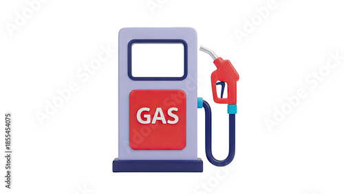 3D Cartoon gas pump icon with red nozzle and GAS label on transparent background