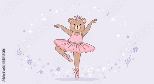 An elegant teddy bear ballerina in a pink tutu and crown, gracefully dancing ballet amidst a magical background of sparkles and flowers.