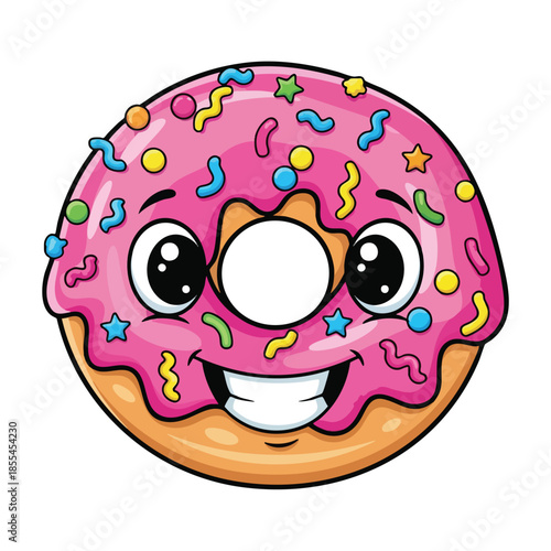 A smiling donut character with pink frosting, sprinkles, and a white background