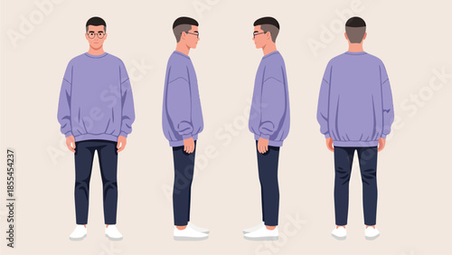 Illustration of a man in different poses wearing a purple sweater and dark blue jeans.