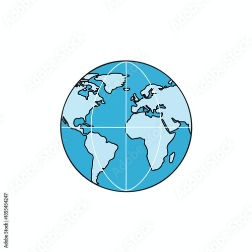 Cartoon globe illustration with continents, oceans, and grid lines