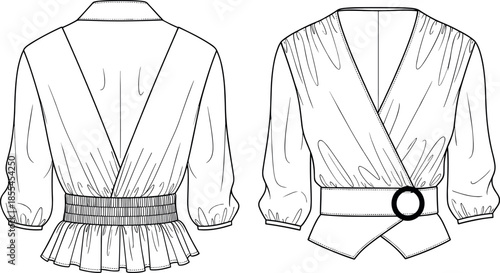 Technical Fashion Flat Sketch of Girls' or Women's Mini Dress with Crisscross V-Neck Back, Cap Ruffle Sleeves, and Shirred Elastic Waistline Vector.