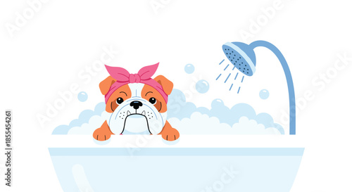 A funny cartoon bulldog wearing a pink headwrap, peeking over the edge of a bathtub full of bubbles with a shower head above.