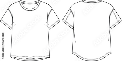 Technical Fashion Flat Sketch of Unisex Oversized T-Shirt with Round Neckline, Drop Shoulders, Extended Sleeves, and Curved High-Low Hem Vector.