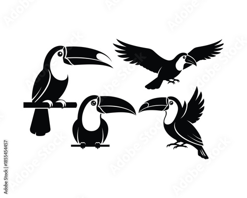 Toucans silhouettes, toucan on tree, toucan flying with wings, Flying toucan vector silhouette illustration set collection, toucan silhouette, toucans silhouettes, toucan bird, flying toucan