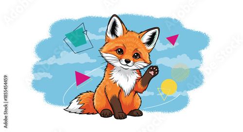 A friendly and cute cartoon fox waving its paw against a blue background with abstract, retro-style geometric shapes.