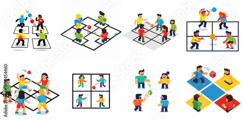 Collection of flat and isometric illustrations depicting people playing competitive square grid games, including variations of ball toss and dodgeball.