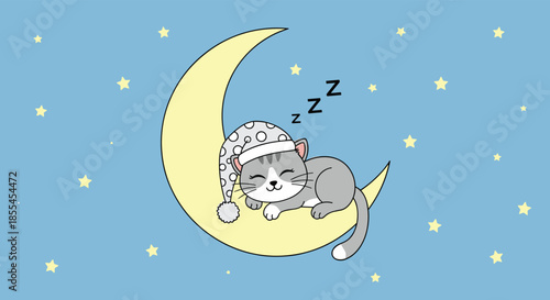 A sweet grey cat in a polka-dot nightcap sleeping soundly on a yellow crescent moon in a starry blue night sky.