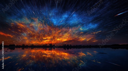 Night sky ablaze with electric blue and fiery orange meteor trails mirrored in a tranquil lake. travel magazines, destination branding, designed for outdoor magazines and nature guides.