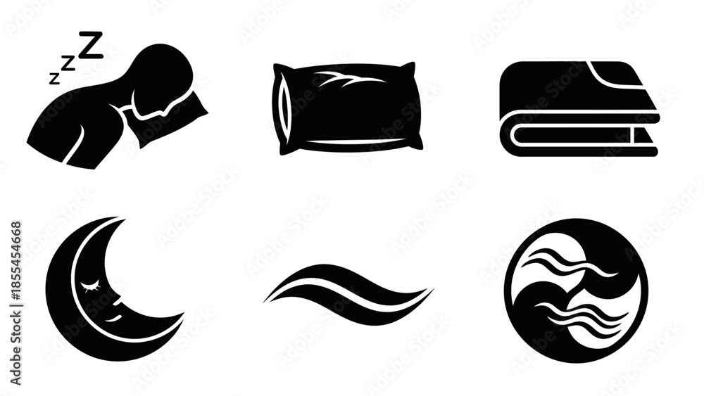 Fototapeta premium Collection of black silhouette icons representing sleep, comfort, and relaxation, including a sleeping person, pillow, blanket, moon, and wavy symbols.