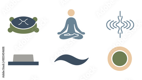 Six abstract icons representing meditation, relaxation, balance, and mindfulness concepts.