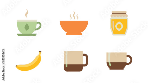 朝食や軽食のアイテム、温かい飲み物、フルーツ、蜂蜜のフラットなイラストセット。.
