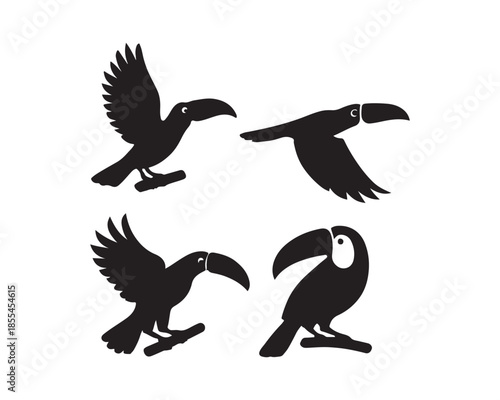 Toucans silhouettes, toucan on tree, toucan flying with wings, Flying toucan vector silhouette illustration set collection, toucan silhouette, toucans silhouettes, toucan bird, flying toucan