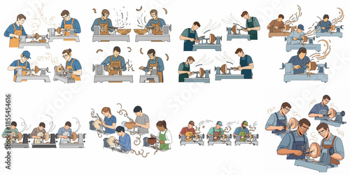 Vector illustration set of people using a wood lathe machine to shape wooden bowls and objects, illustrating the turning process and craftsmanship.