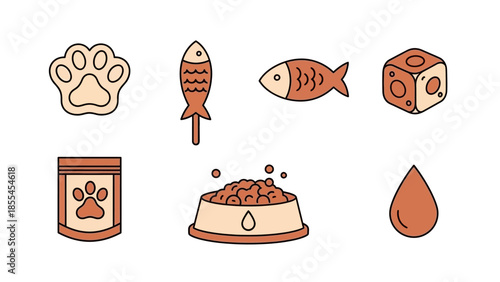 Collection of pet-related icons including paw print, fish toys, food bag, and a bowl of kibble, in a flat design style.
