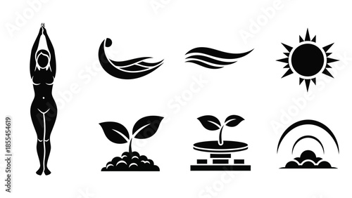 Collection of black silhouette icons representing nature, growth, well-being, and natural elements like sun, water, and plants.