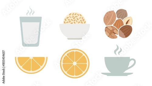 A collection of healthy food and drink items including milk, grains, nuts, oranges, and a hot beverage, presented in a clean, illustrative style.