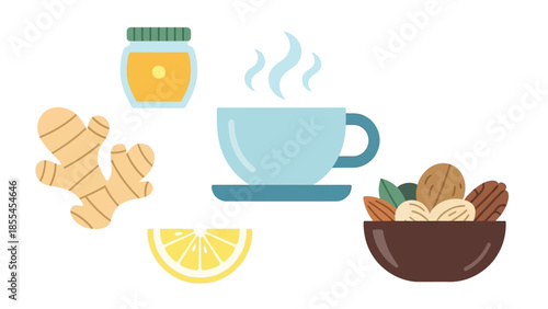 A collection of natural ingredients and a hot drink for health and wellness.